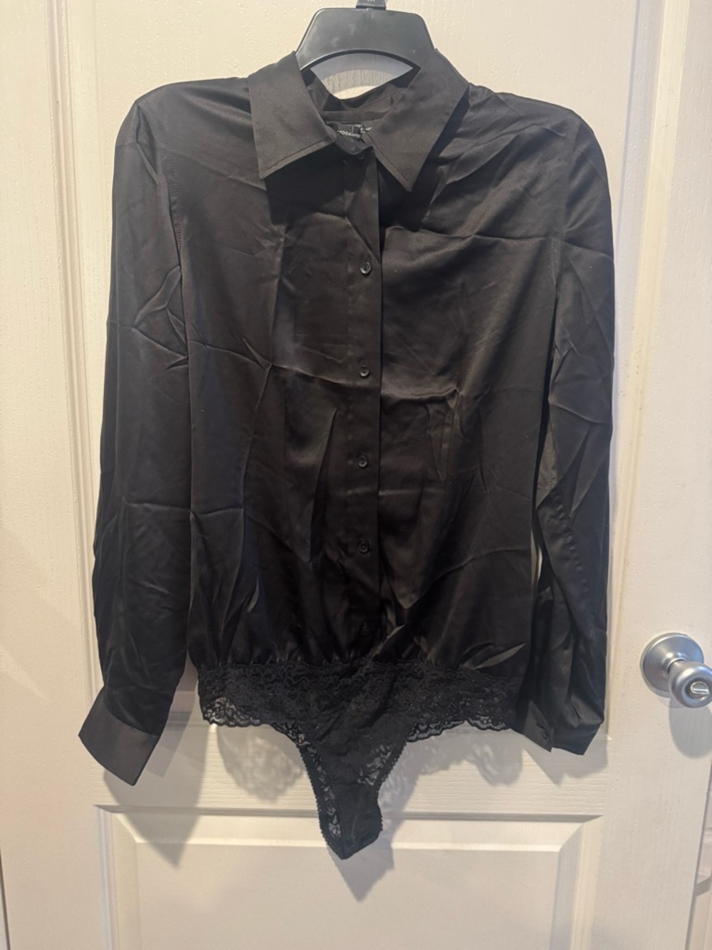 Moda International Black Satin Button-Down Lace-Hem Bodysuit